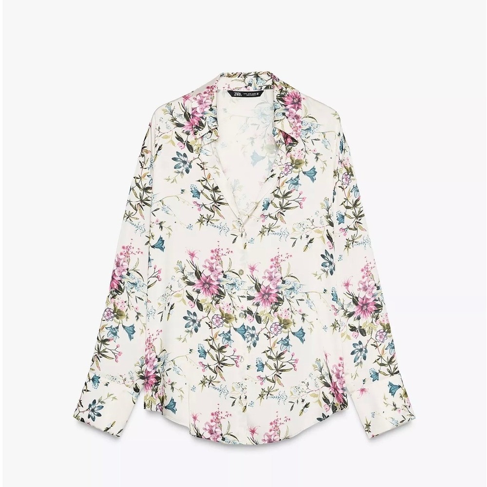 Zara Floral Button Down Blouse Long Sleeve Satin Cream Pink XS